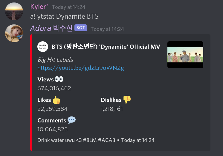 YtStats Command Example with Dyanmite BTS music Video