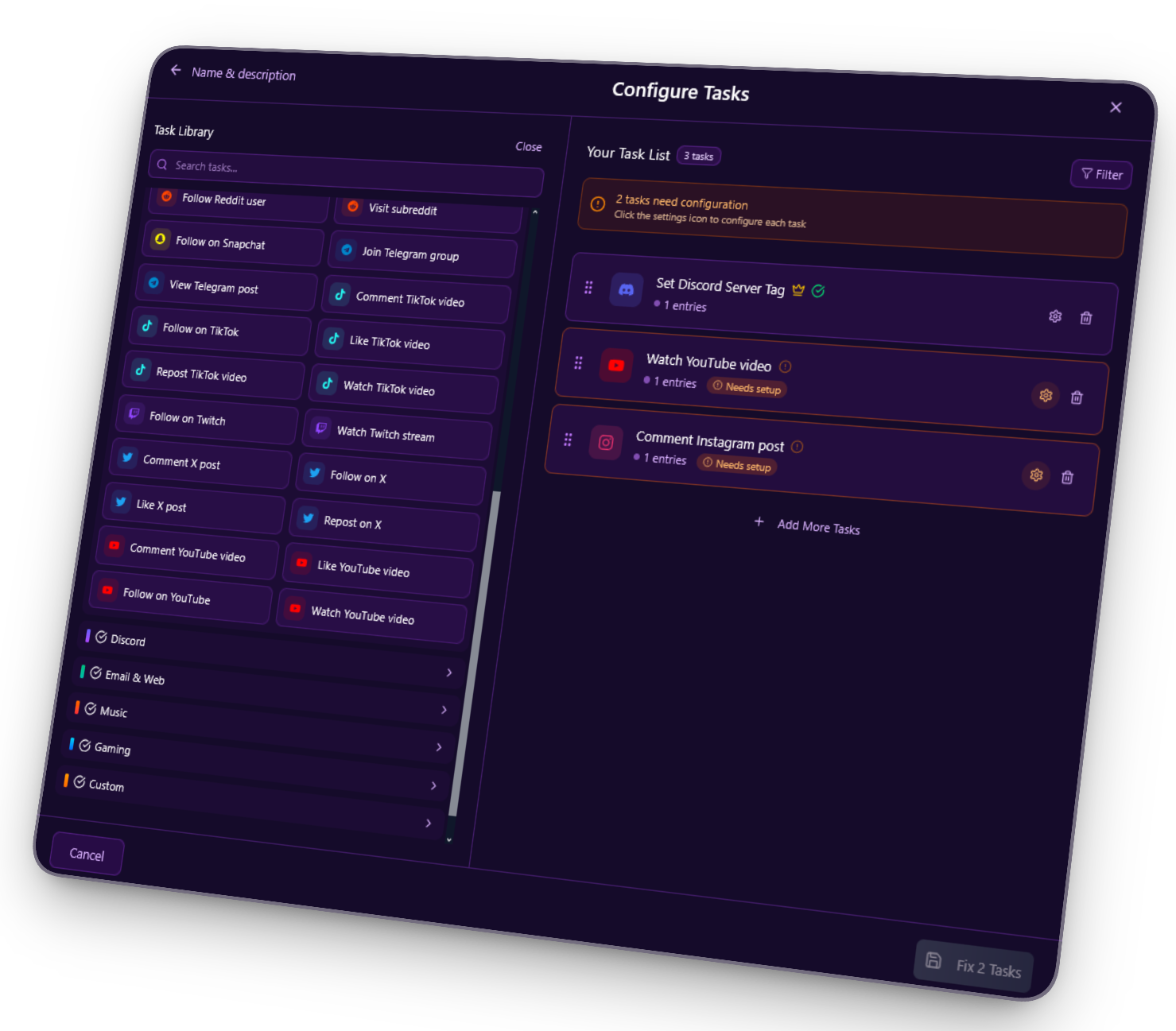 ScopliDrop task builder — choose from 55+ different tasks