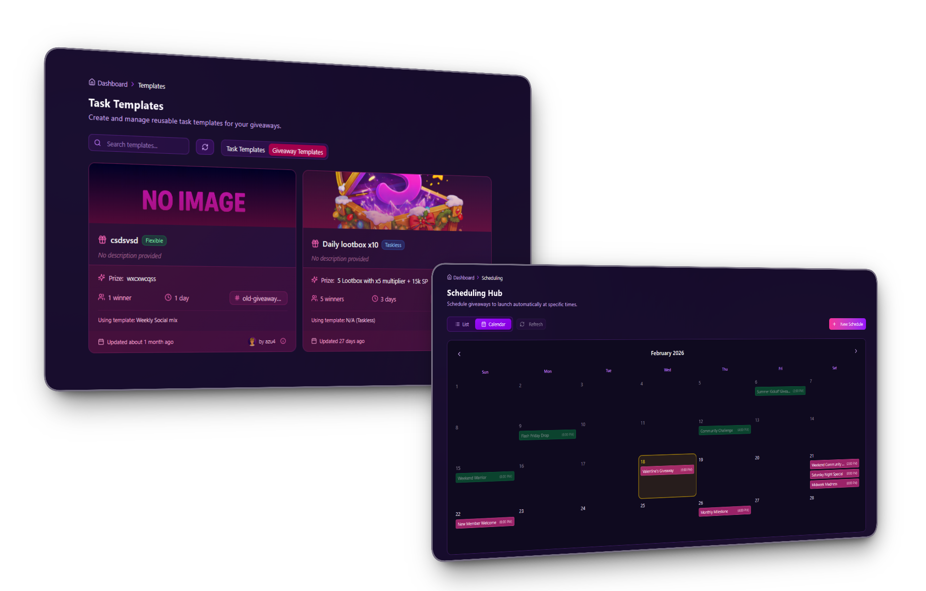 Templates and Scheduling — reusable giveaway configs and scheduled launches