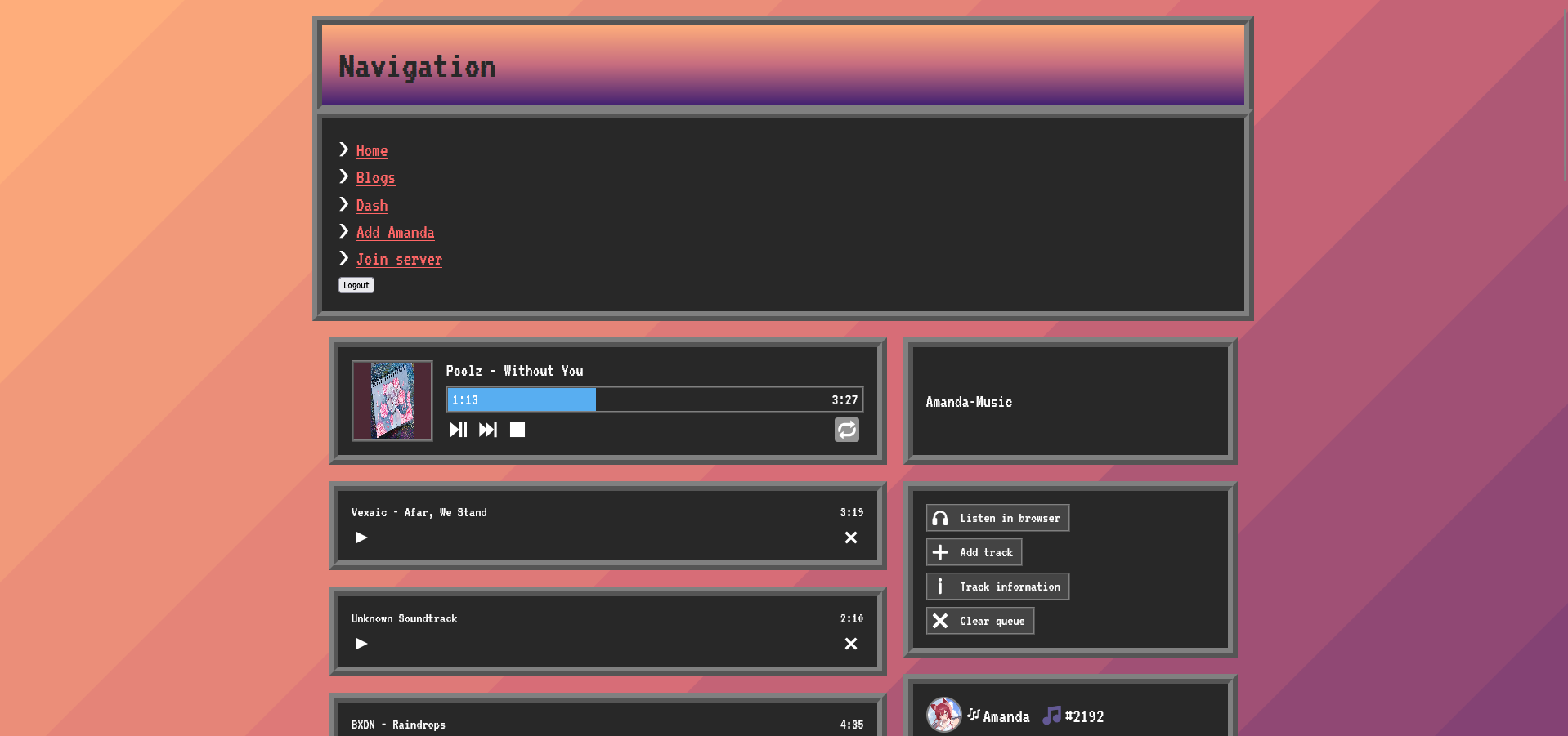 A screenshot of a website displaying a list of songs and playback controls.