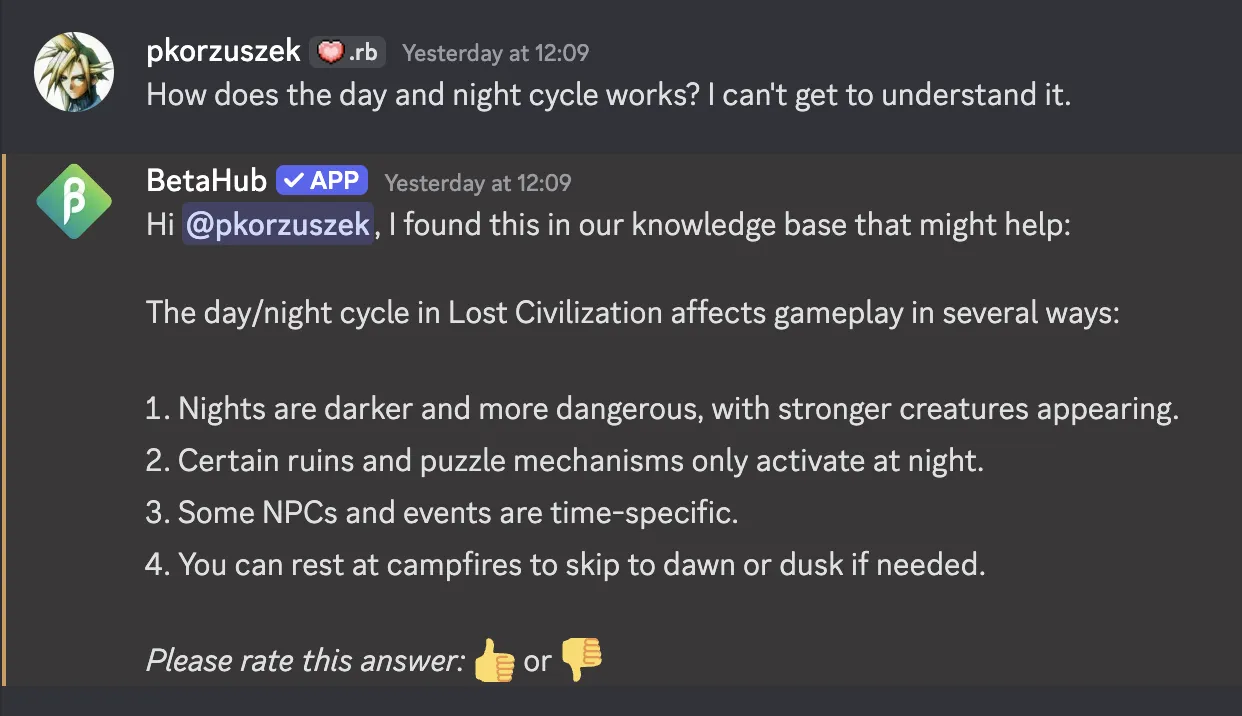 BetaHub bot answering user question in Discord