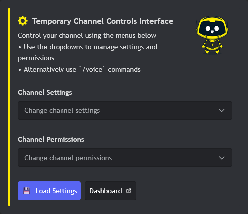 VoiceMaster in-channel interface with a dropdown for voice channel settings