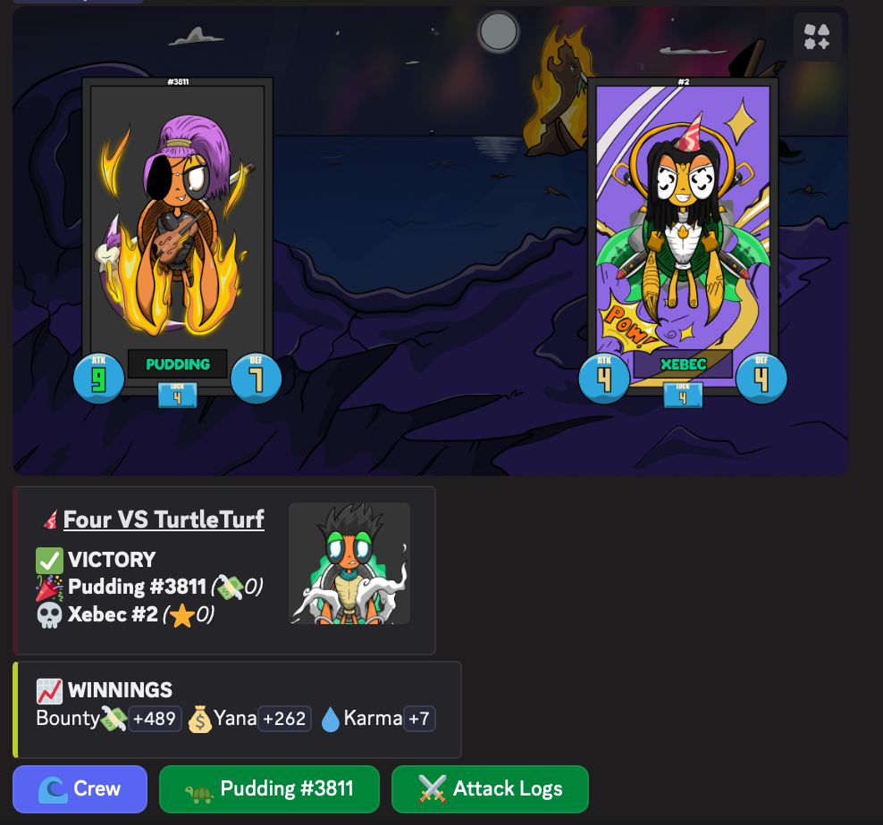 Discord embed showing two turtle cards which have fought, and the results