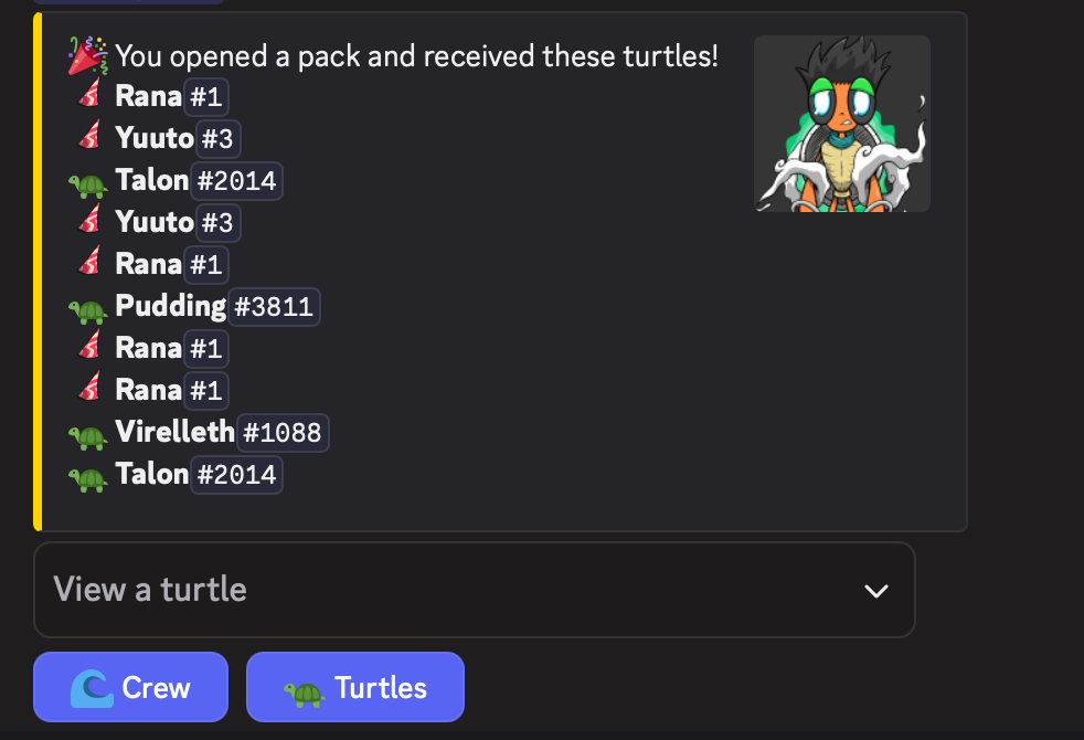 Discord embed showing the list of turtles opened from a card pack