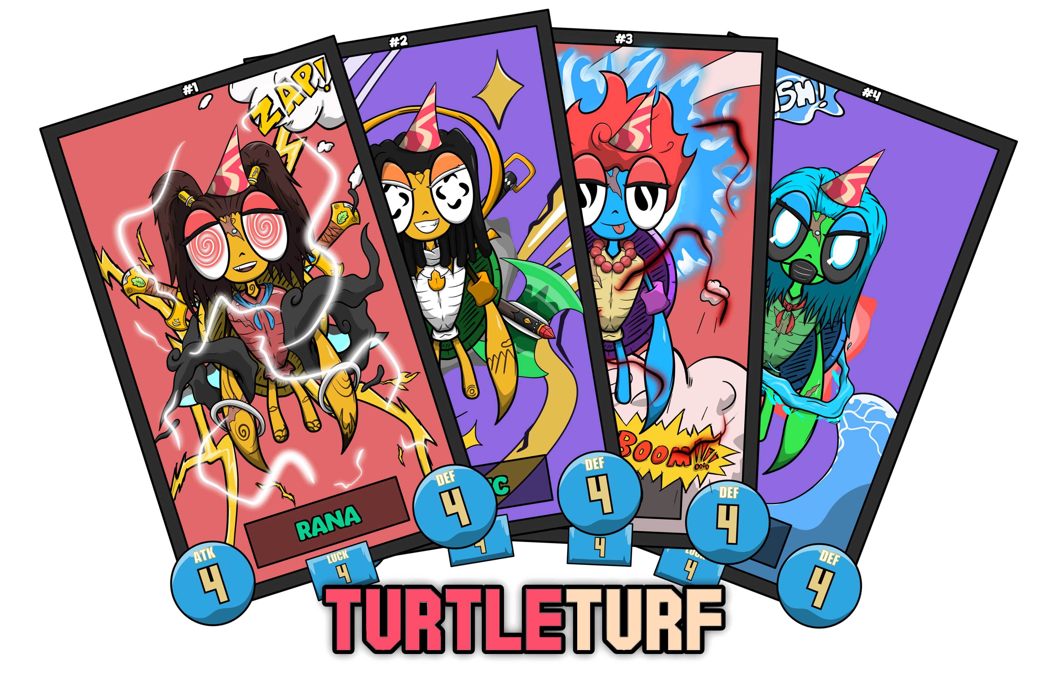 First four TurtleTurf cards laid out