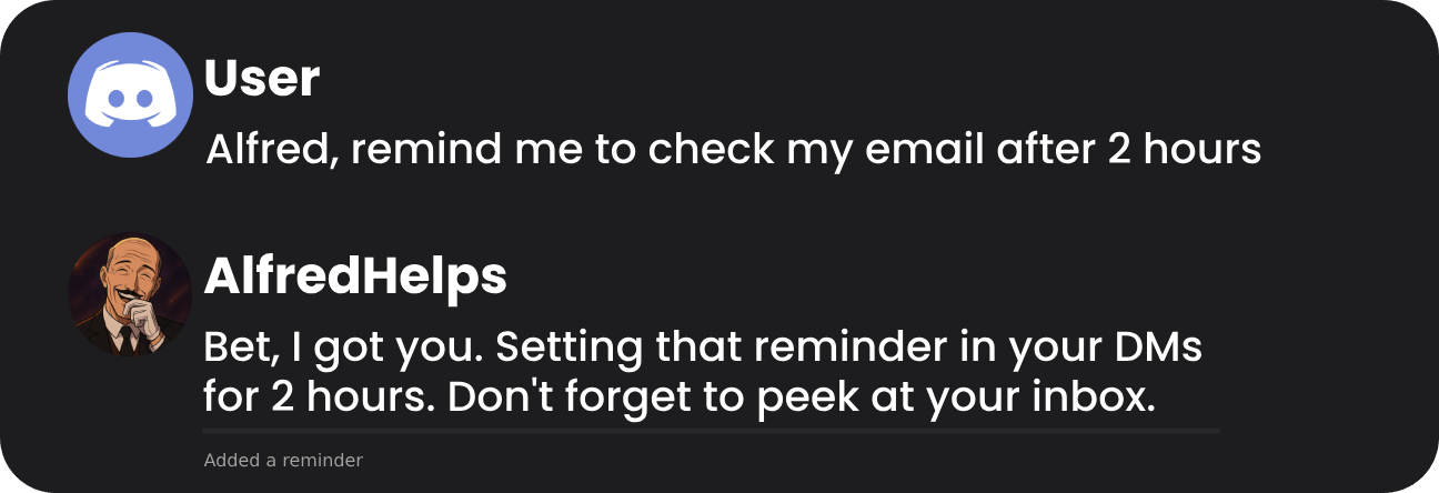 User asking AlfredHelps to remind him of checking his mail