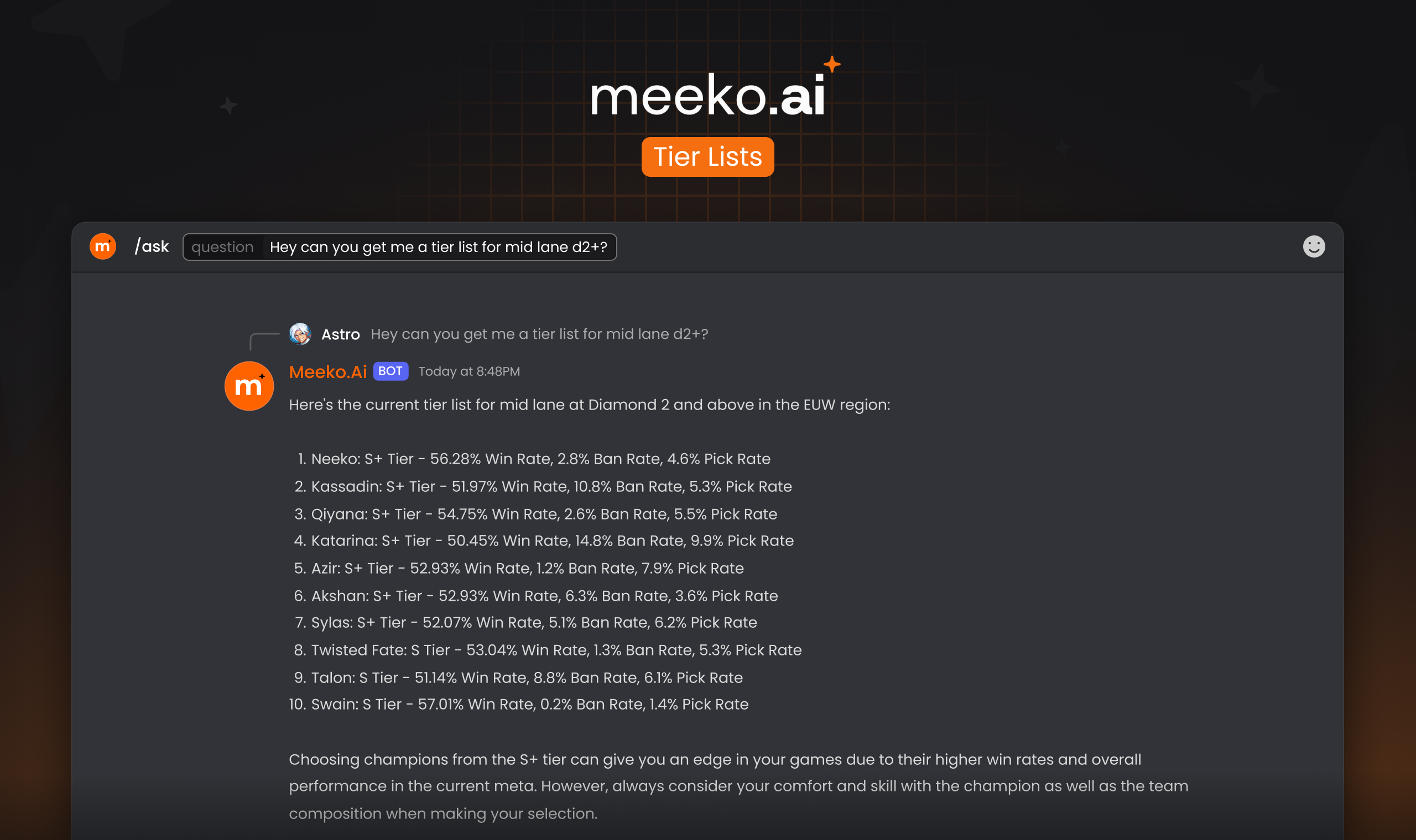 Get Tier lists for any region