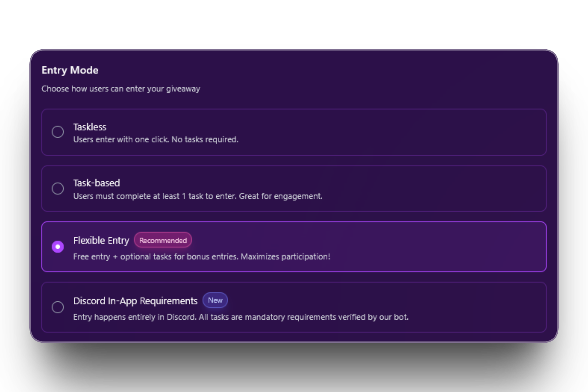 Standard Discord giveaway — participants never leave Discord