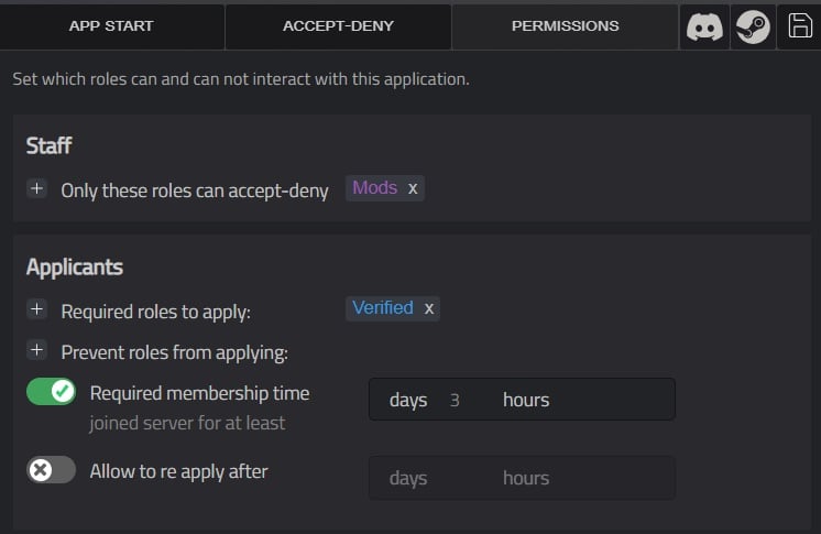 AppBot permission control panel