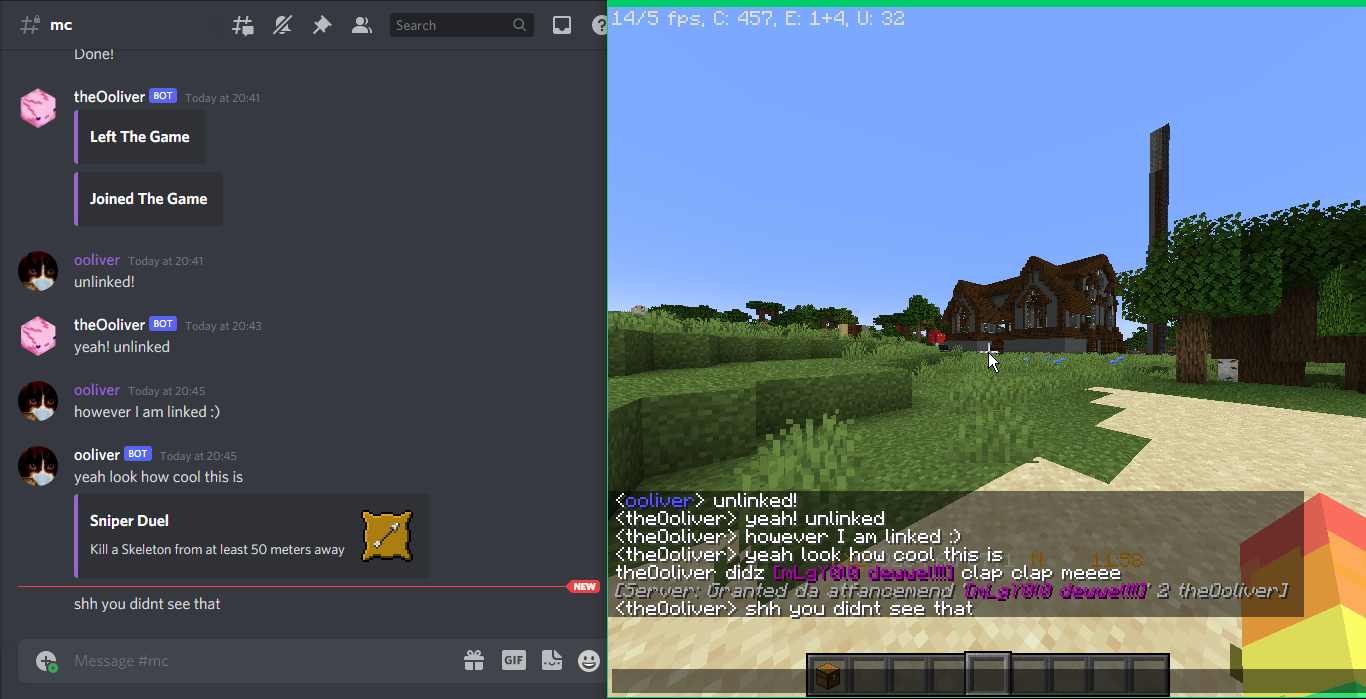 Minecat in Discord and Minecraft, side by side