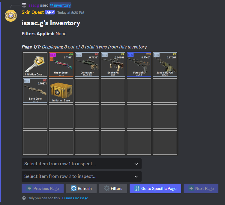 The Skin Quest Inventory display