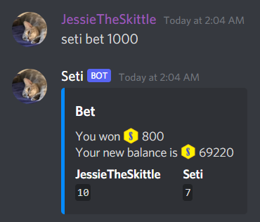 User betting 1000 Seti