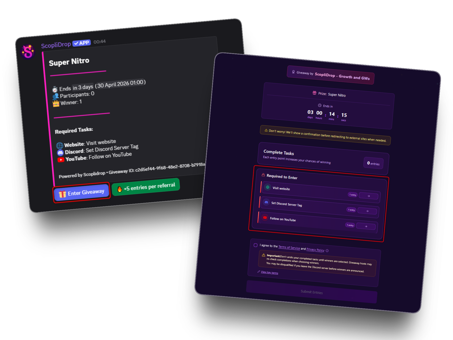 ScopliDrop giveaway flow — embed to entry portal