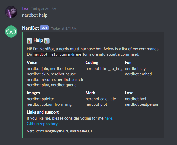 Screenshot of the help command