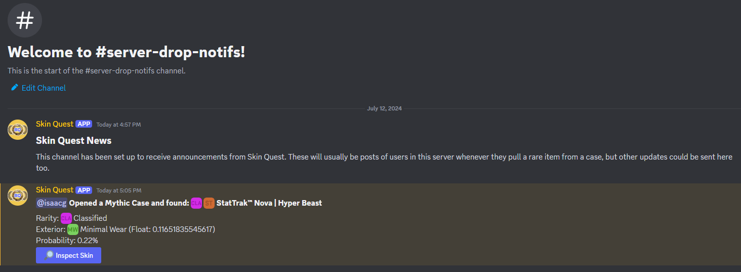 Example of an announcement in a Skin Quest News Channel
