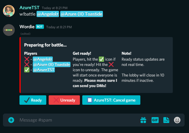 Mention up to two other people to challenge them in a game of Wordie.