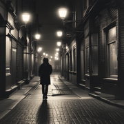 woman walking down dark street, dramatic moody lighting