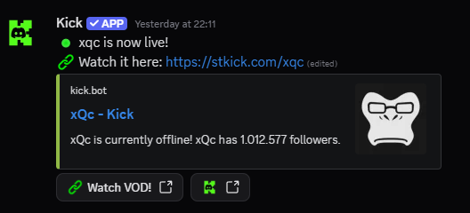 Live Kick stream notification in Discord
