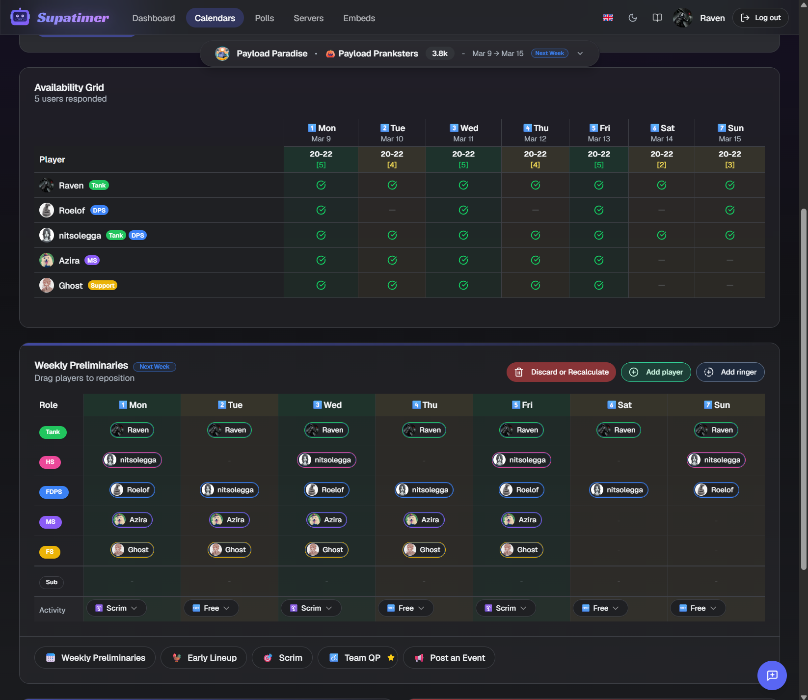 Dashboard with auto-generated weekly lineups and role assignments