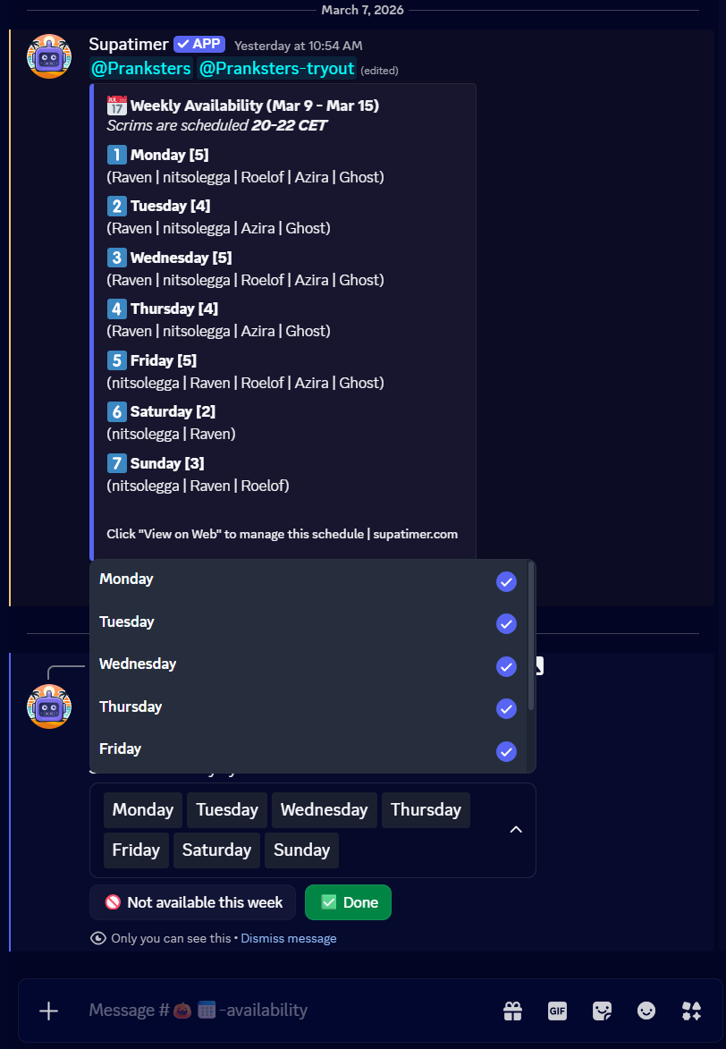 Weekly availability calendar with interactive buttons