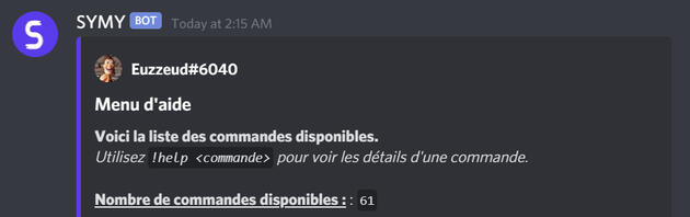 Capture d'écran du menu d'aide de SYMY.